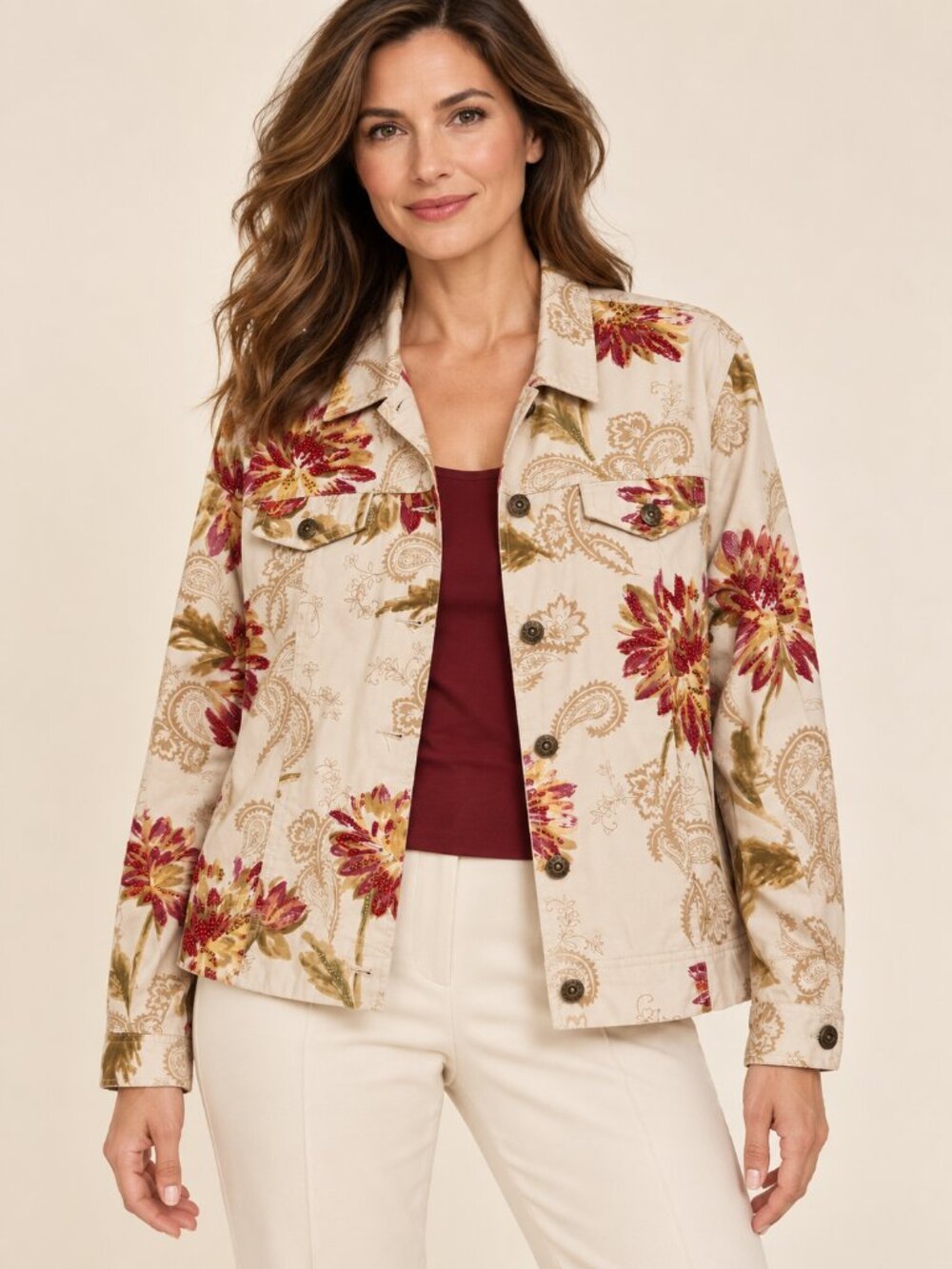 Nwt Susan Bristol Beige Floral Cotton Jean Jacket with Pink and Gold Accents